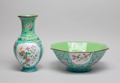 Chinese Enameled on Copper Large Bowl & Vase