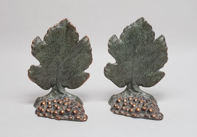 1910-20s Painted Bronze Bookends of Grape Leaves