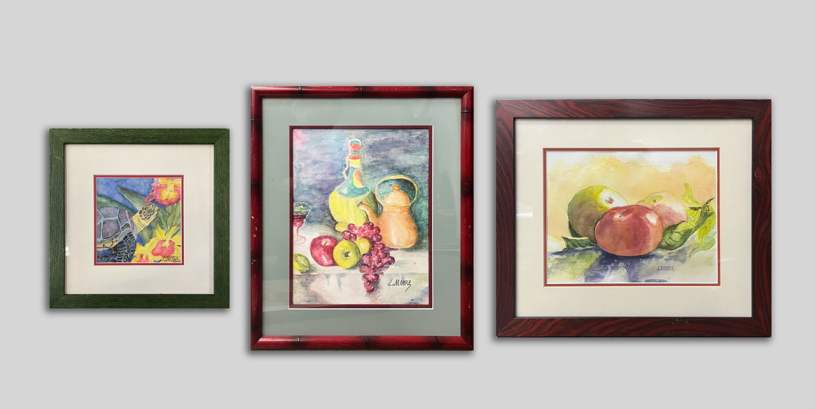 Vintage Water Color Painting by L Moore: Set of 3 vintage framed watercolor paintings by L Moore. Approx. 17*14.7 inch (largest frame size).