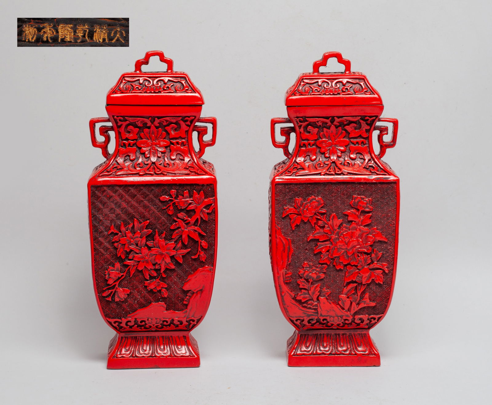 Pair Chinese Large Cinnabar-Like Vases (1 of 12)