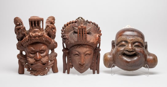 Three Large Chinese Wood Hanging Masks