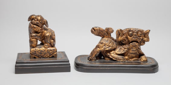 Two Chinese Gilt Wood Sculptures of Foo Dog
