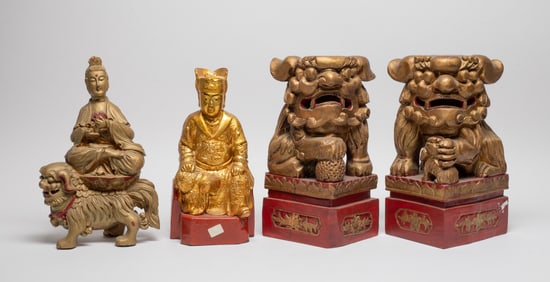 Chinese Wood Sculptures of Buddha & Foo Dog