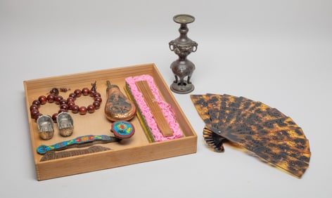 Estate Chinese Fans, Beads, Cloisonne & Decors
