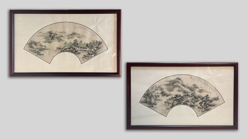 Two Chinese Water Color Fan Painting