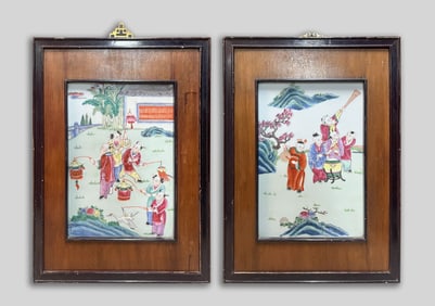 Two Chinese Porcelain & Wood Hanging Plaques