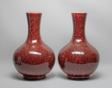 Pair Large Flambe Glazed Porcelain Vases