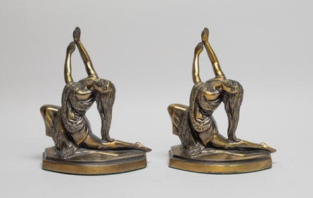Two Antique Bronze Bookends of Dancing, 1910-20