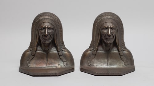 Two Antique Bronze Bookends of Indian Head, 1920s
