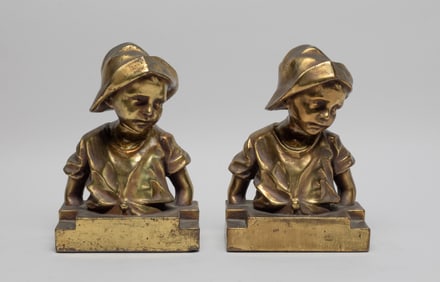 Two Antique Painted Bronze Bookends, 1930-40s