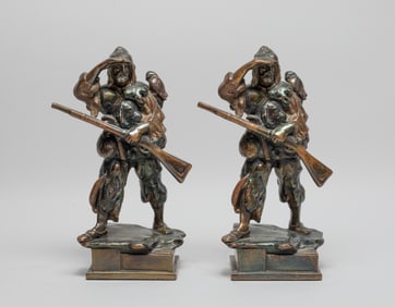 Two Tall Bronze Bookends of Soldiers, 1920-40s