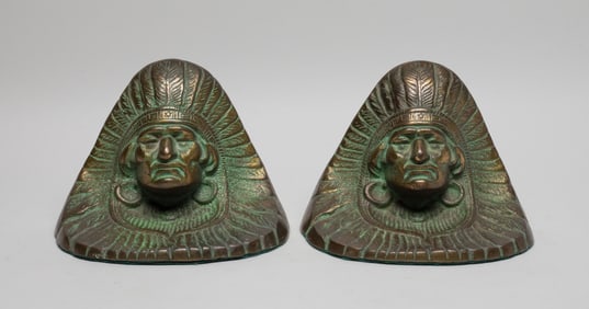 Two Antique Cast Iron Bookends of Indian Heads