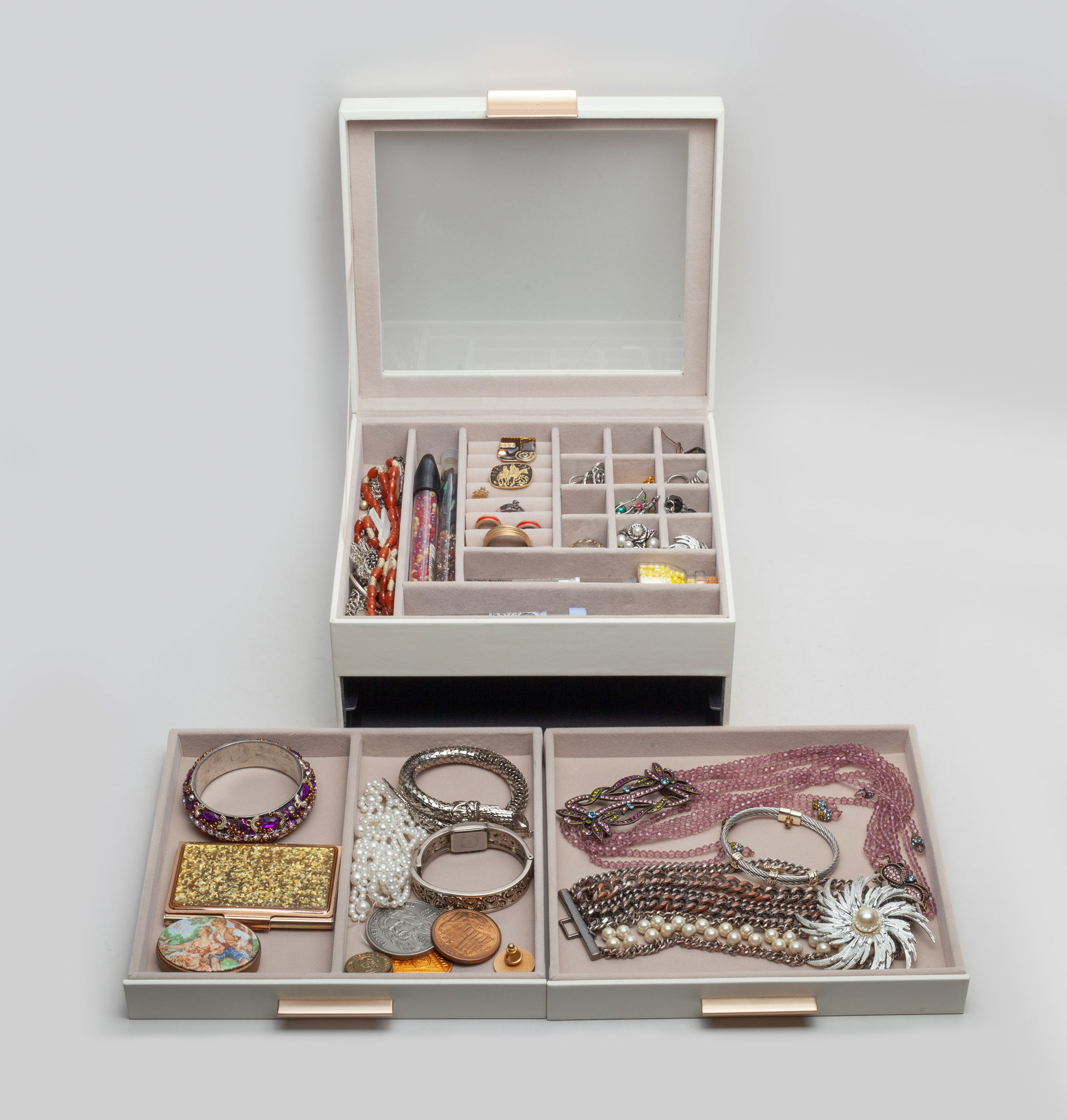 Estate Large Box of Costume Jewelry: Including necklaces, beads, rings, earrings, bracelets, cases, and coin-like decors, with a jewelry box. Approx. 9*7.8*5.2 inch (box size).