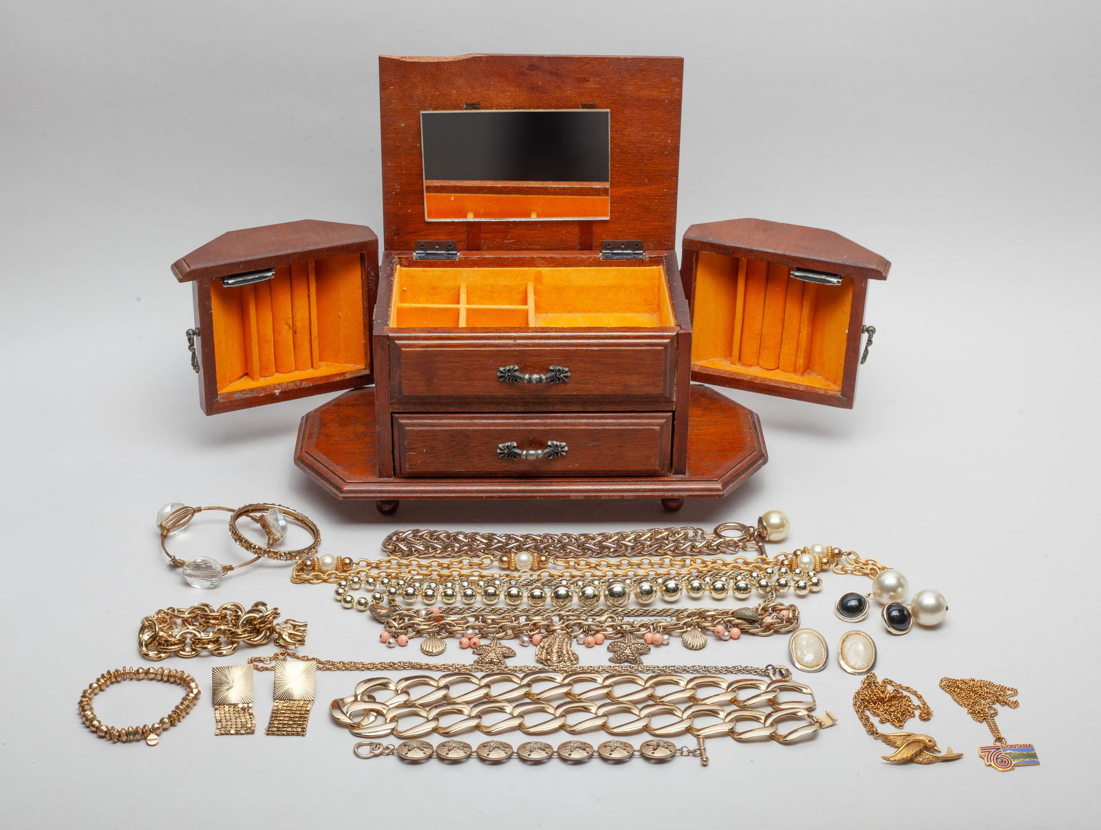 Gold Filled & Metal Costume Jewelry: Collection of gold-filled and metal earrings, necklaces, bracelets, and bangles, with a jewelry box. Approx. 11.7*5.2*5.5 inch (box size),