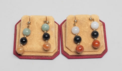 Two Sets Chinese 14K Gold & Jade Earrings