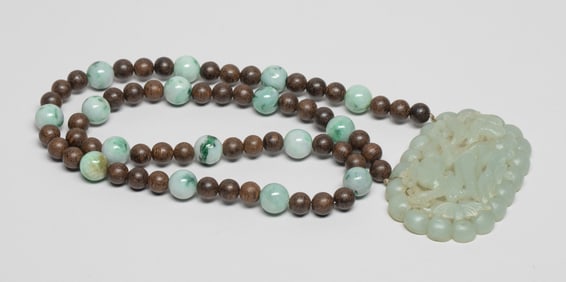 Chinese Agarwood & Jade Necklace w/ Pendant