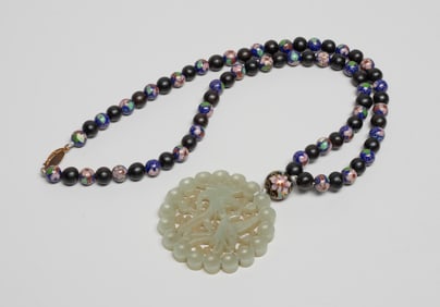Chinese Export Agarwood, Cloisonne, Jade Necklace