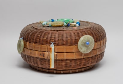 Large Chinese Rattan Box w/ Jade Decors