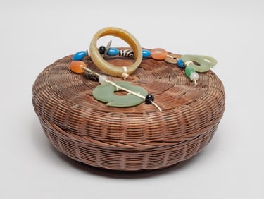 Chinese Rattan Box w/ Jade Decors