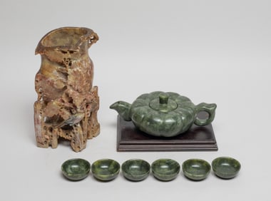 Chinese Spinach Jade Tea Pot & Shoushan Stone