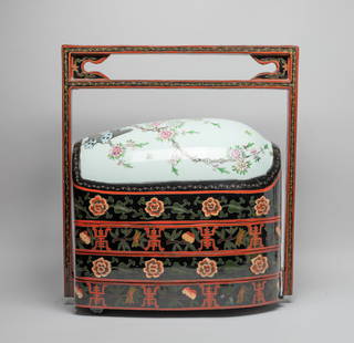 Large Chinese Export Porcelain, Lacquer Box: Large three-layered lacquer box, the top porcelain side painted with birds, flower tree and willow tree, the sides decorated with flowers, peaches and shou characters. Approx. 19*17.2*7.7 inch.