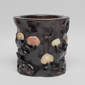 Chinese Wood Brush Pot Inlaid Stone