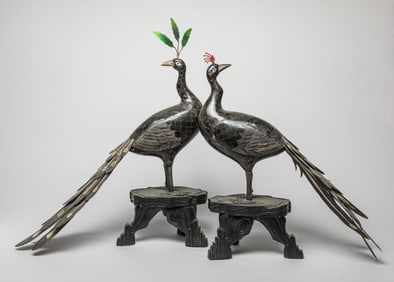 Pair Large Table Sculptures Peacock