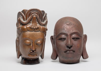 Two Chinese Large Bronze Buddha Heads