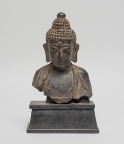 Chinese Metal Buddha Bust w/ Stand