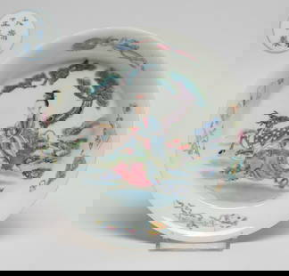 Chinese Export Famille Rose Porcelain Plate: The plate interior centre decorated with an elegant female holding lingzhi and a deer recumbent under a pine tree, with a basket of lingzhi fungus aside, the sides with beribboned traditional symbols,