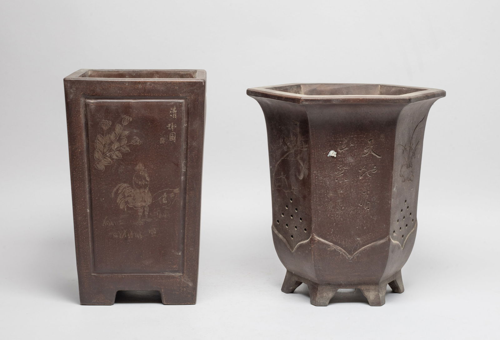 Two Chinese Zisha/ Clay Pots: One of square section, one side incised with rooster and the opposite incised elegant female, inscribed with related passages on other sides, the other of hexagonal section, incised with flowers and r