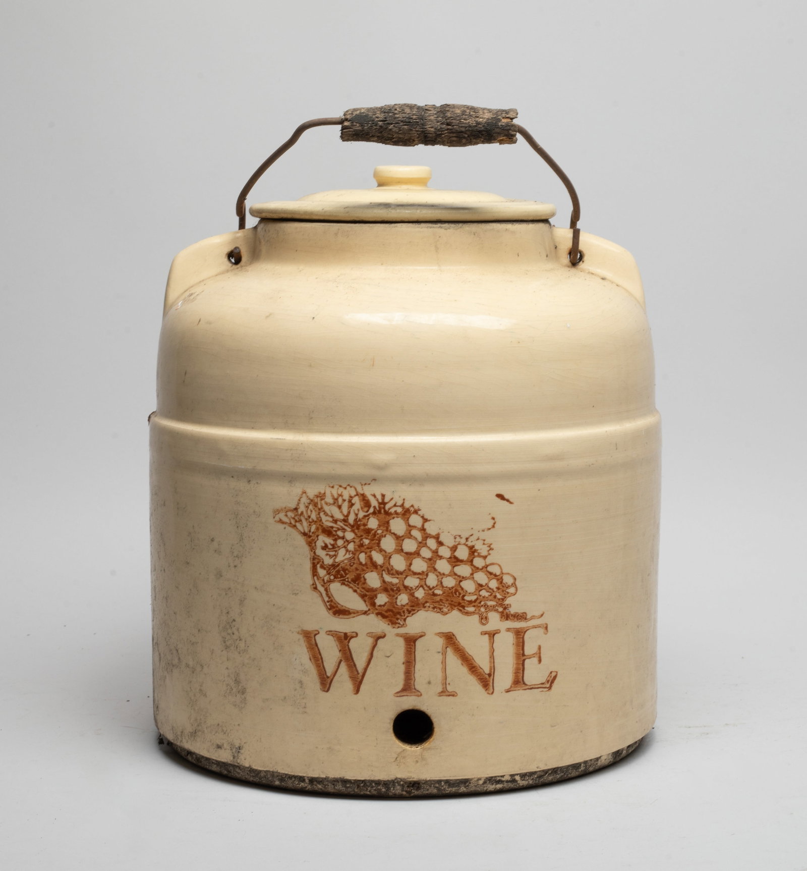 Large Old Crock/ Drink Crock Dispenser: Massive porcelain crock wine dispenser, minor chips on rim. Size Approx. 12.5-9.5 inch.