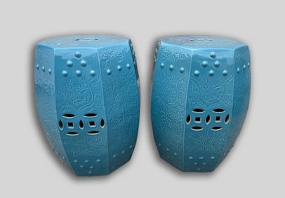 Pair Chinese Export Porcelain Garden Drum Stool