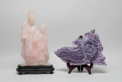 Chinese Tall Rose Quartz & Stone Sculptures