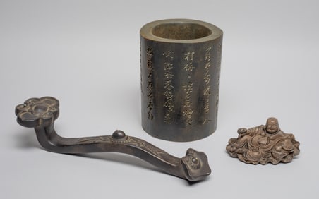 Estate Chinese Wood Brush Pot, Buddha & Sculpture