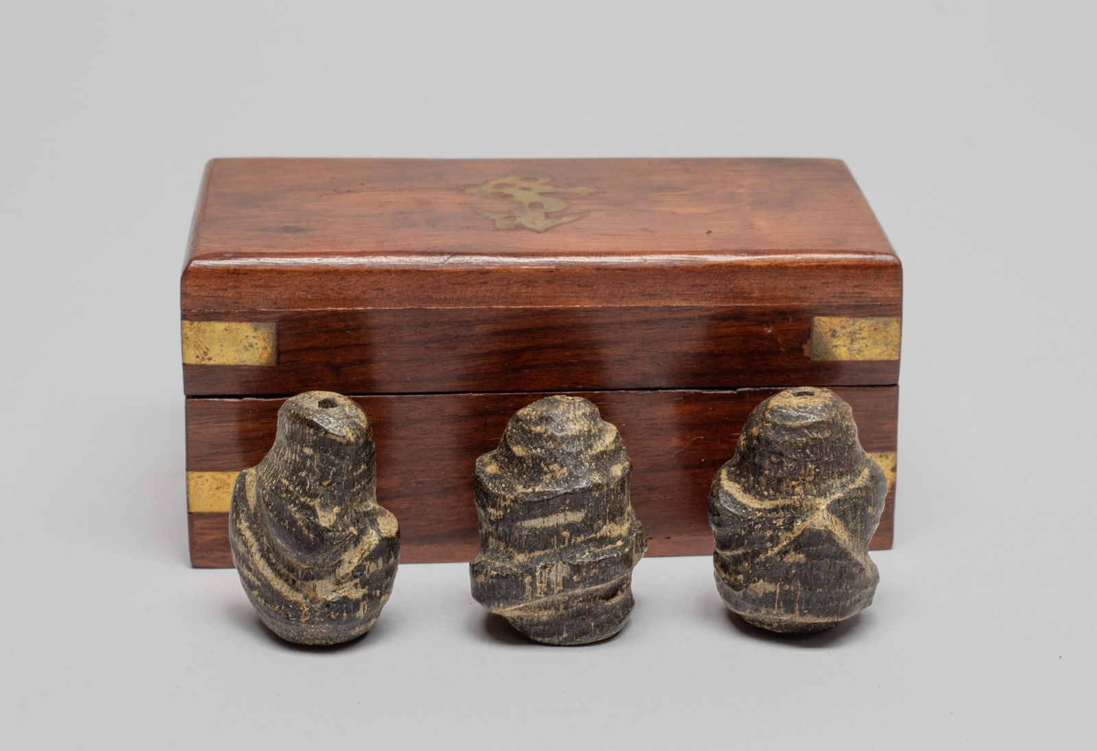 Chinese Export Agarwood Beads: Three Chinese agarwood carved beads, with a box. Approx. 25 gram (total bead weight), 1.35*0.92*0.85 inch (largest bead).