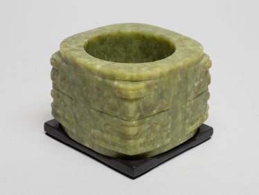 Estate Chinese Stone Carved Cong w/ Stand