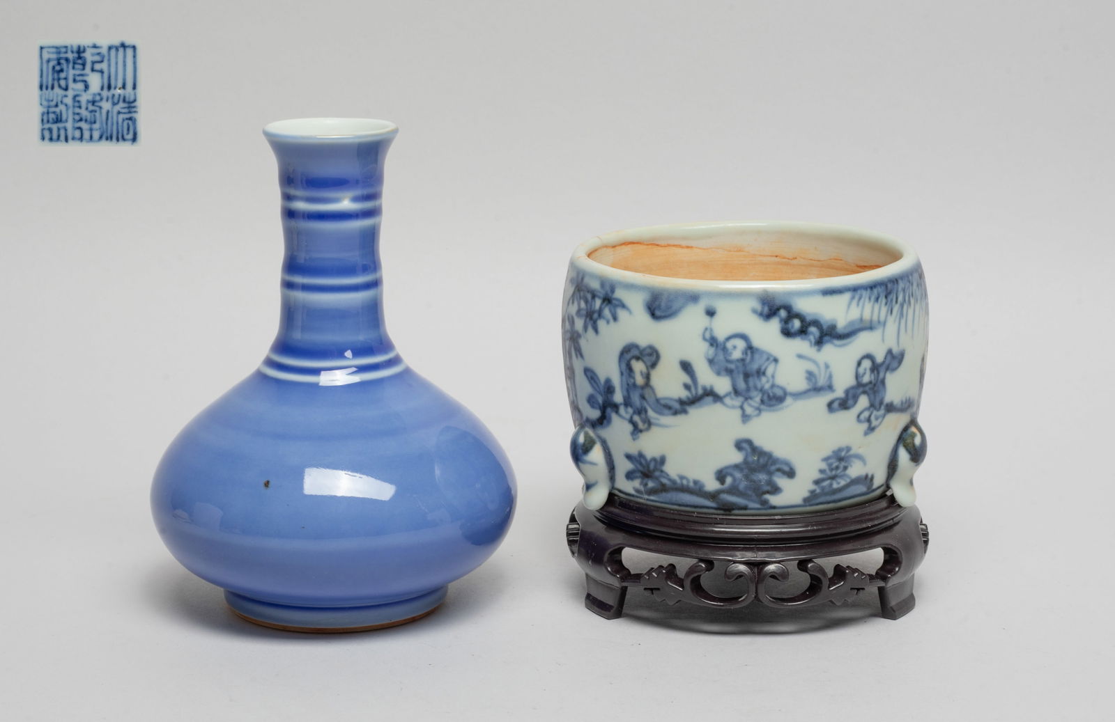 Estate Chinese Porcelain Vase & Censer: The censer exterior painted boys playing games in outdoor setting, with a wood stand, the vase exterior covered with soft blue glaze, the bottom inscribed with a six-character mark. Approx. 5.3*4 inch