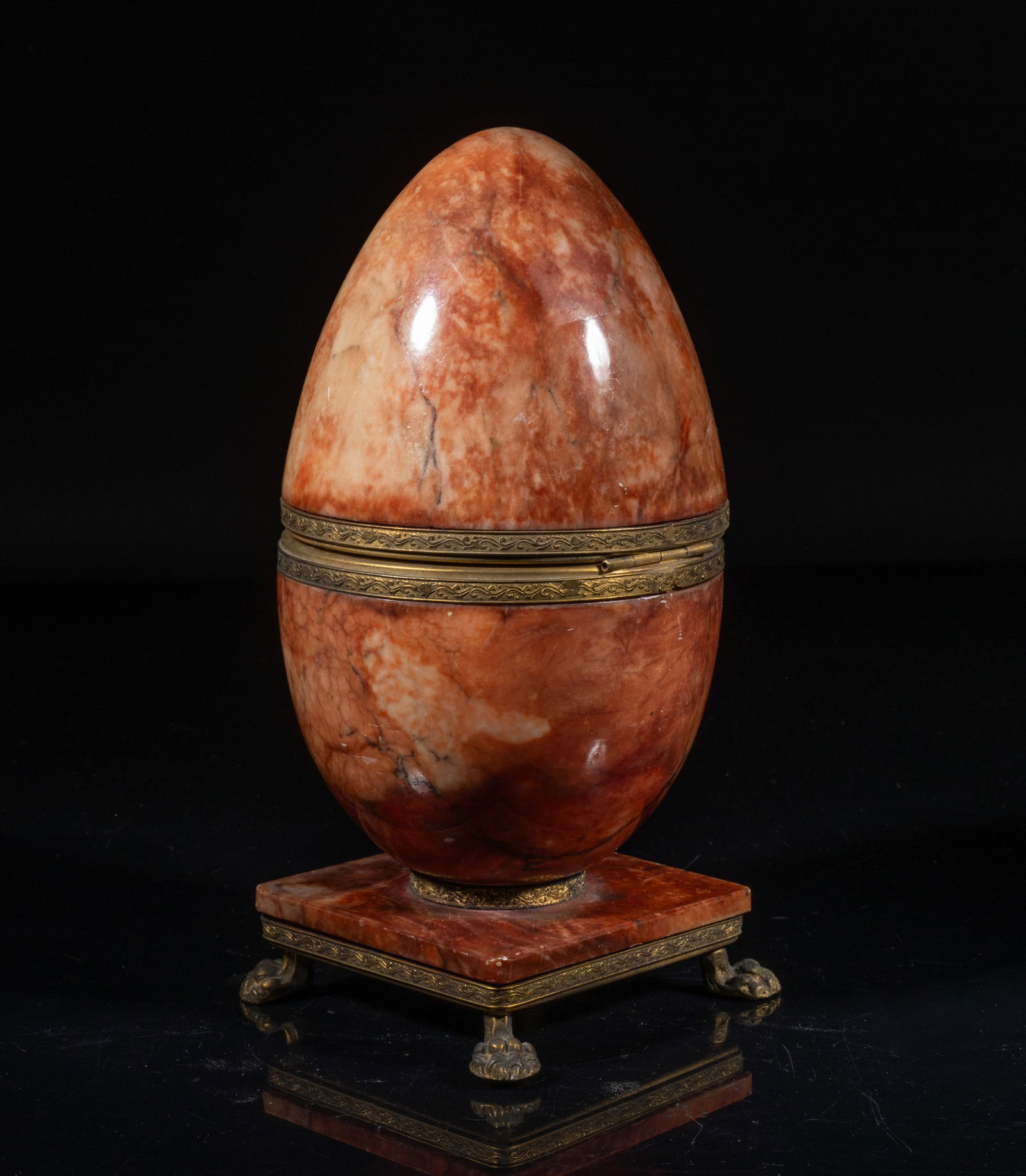 Old Continental Large Marble Egg Bowl: Vintage marble carved hollow egg bowl sculpture with square base and four paw form feet. Approx. 7.9*3.7*3.7 inch.