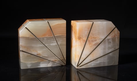 Pair Mid-century Marble Inlaid Brass Bookends