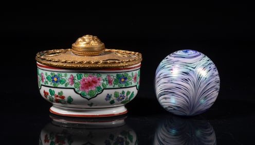 Blown Iridescent Paper Weight & Porcelain Inkwell