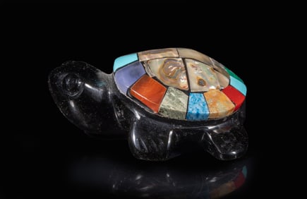 Zuni Fetish Jet Stone Inlaid Gemstone Sculpture