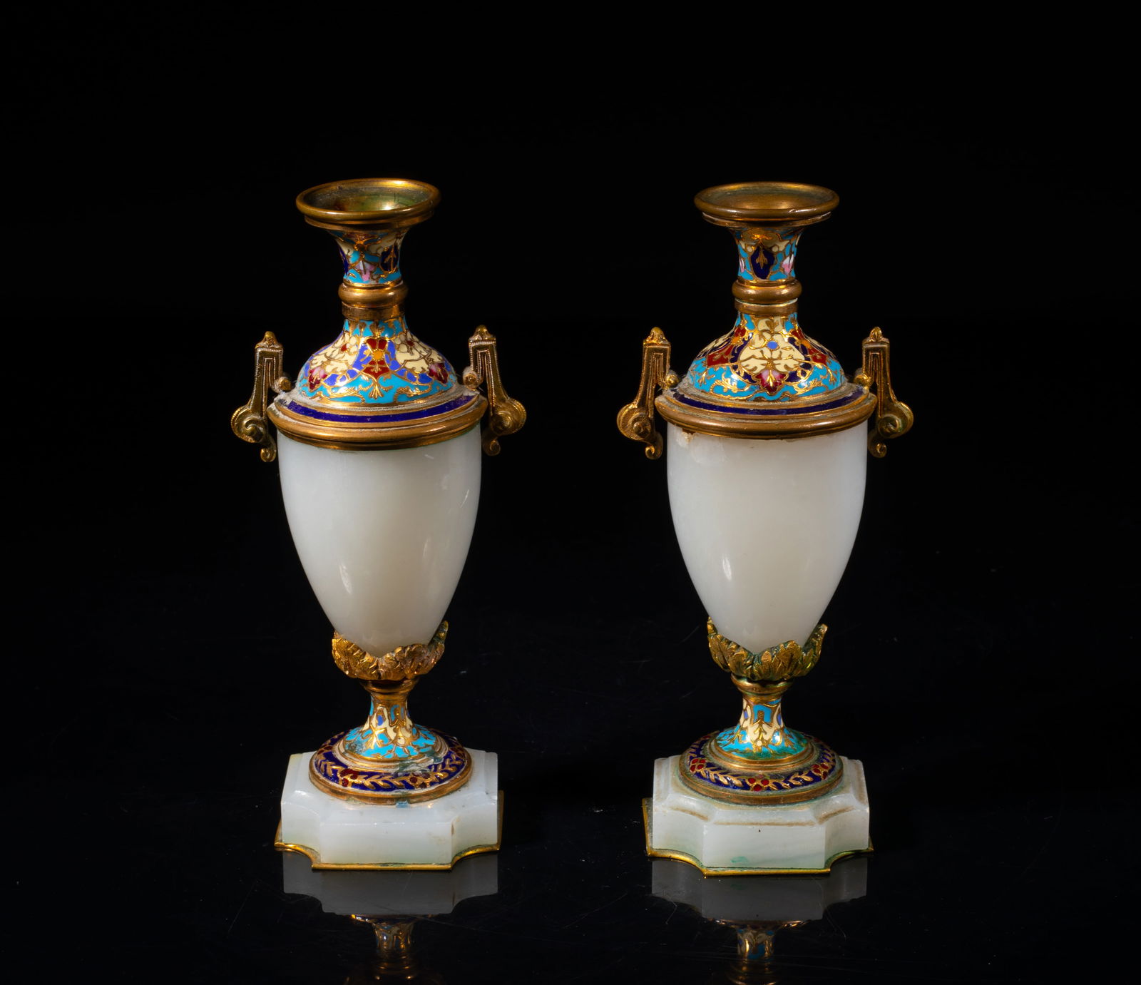 Pair France Enameled Marble Urns, 19th: A pair of antique France marble urns, the metal neck and foot enameled with delicate floral pattern. Approx. 6.8*2.9*2.3 inch (each).