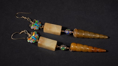 Pair Chinese Jade, Cloisonne Long Earrings