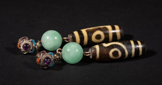 Chinese Jade, Dzi Beads Earrings
