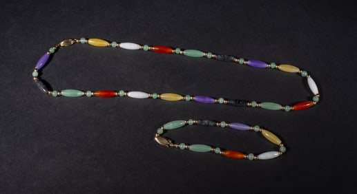 Chinese 585 Gold & Jade, Stones Necklace Sets