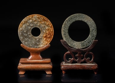 Estate Two Chinese Jade Bi Pendants on Stands