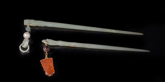 Estate Two Chinese Jade Long Hairpins