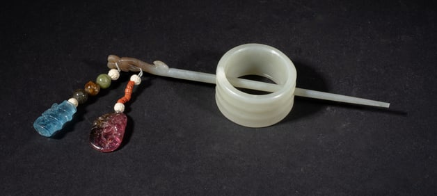 Chinese Jade, Tourmaline & Aqua Hairpin