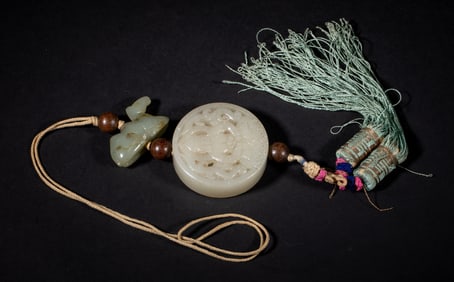 Chinese Manchu Jade & Agarwood Long Pendant